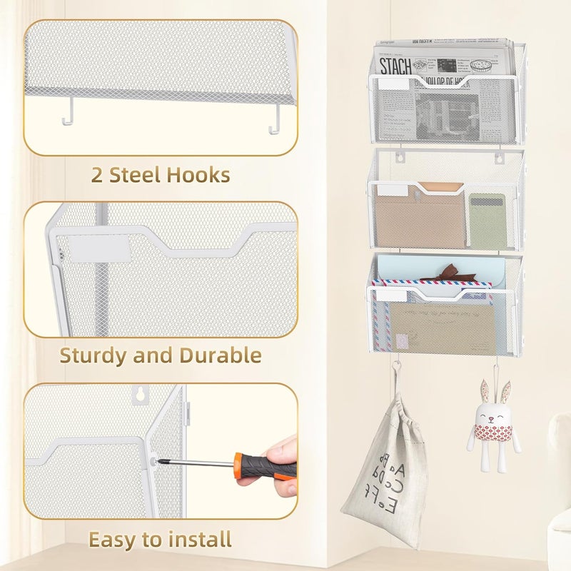 Docnest 6 Pack Hanging Wall File Holders, Mesh Wall Letter File Holder, Wall Mounted Mail Paper Document Folder Holder with Hooks for Office, Home, School, White - Image 4